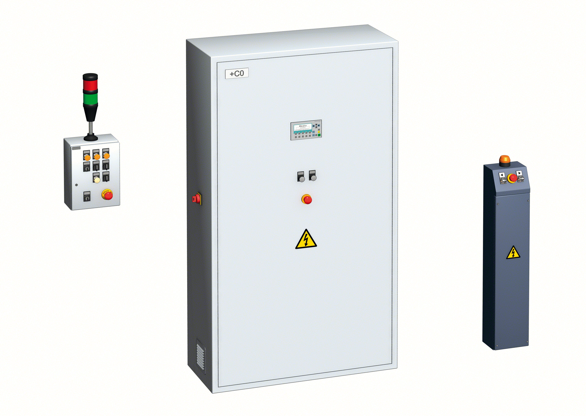 System sterowania regałów mobilnych składa się z trzech elementów: głównej szafy sterowniczej, szaf regałowych oraz panelu kontrolnego